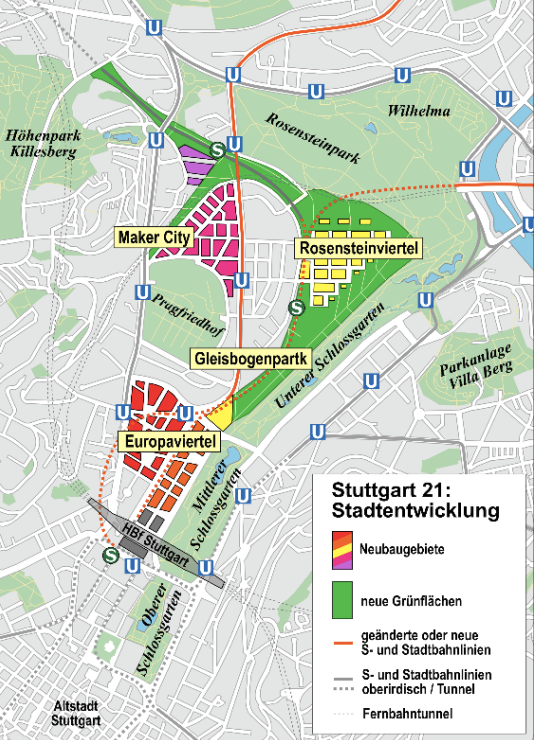 Karte von Stuttgart mit markierten Neubaugebieten und Grünflächen.